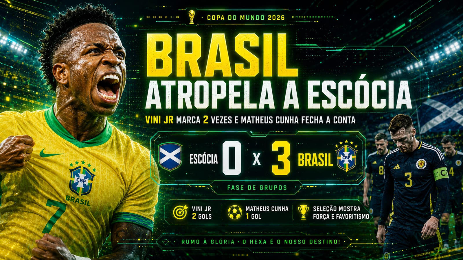 Brasil 3 a 0 na Escócia: Vini brilha, Seleção lidera o Grupo C e avança no Mundial